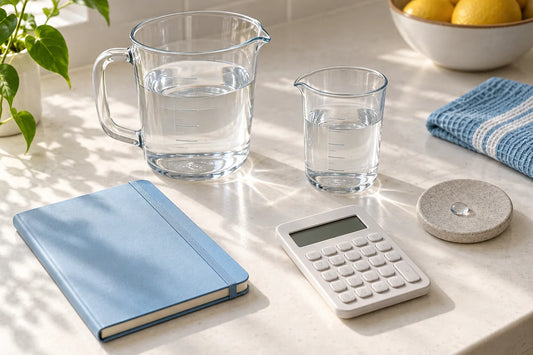 Vase de măsurare a apei, calculator și carnet pentru estimarea consumului