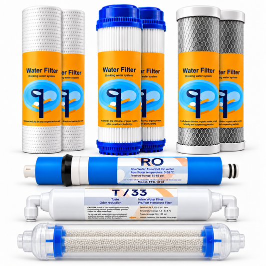 Set 9 cartușe AQUAROO pentru osmoză inversă, 90 GPD, mineralizare și deionizare, pentru 1 an de utilizare