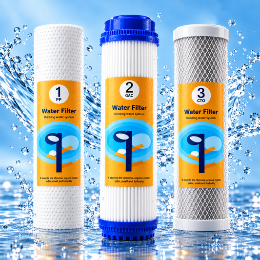 Set 3 cartușe filtrante pentru prefiltrarea apei, PP sedimente 5 microni, GAC carbon activ și CTO bloc de carbon 5 microni, pentru osmoză inversă, microfiltrare și ultrafiltrare