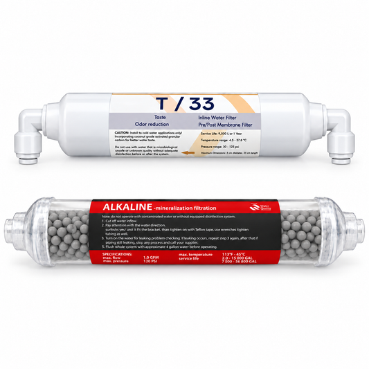 Set 2 cartușe inline AQUAROO, postcarbon activ și mineralizator cu alcalinizare