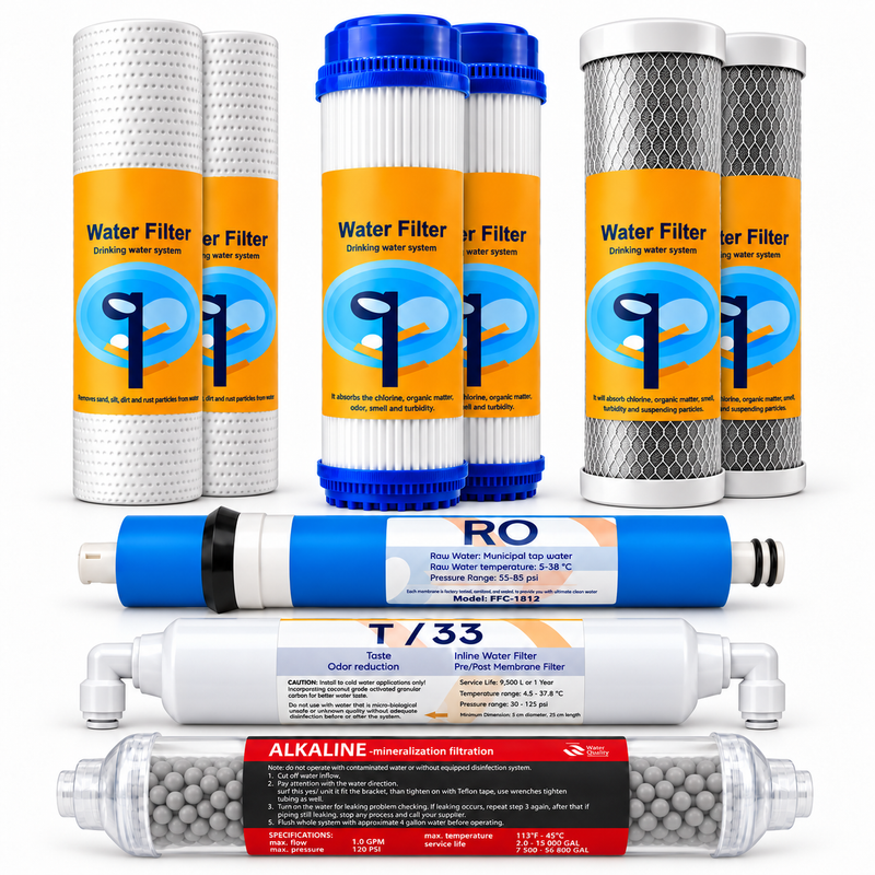 Set 9 cartușe AQUAROO pentru osmoză inversă, 75 GPD, mineralizare și alcalinizare, pentru 1 an de utilizare