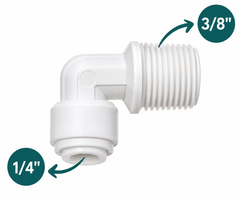 Fiting cot 90° pentru filtru de apă, Quick Fitting 1/4″ x filet exterior 3/8″