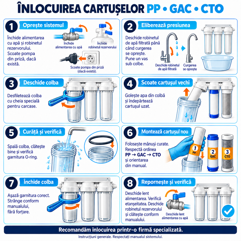 Set 8 cartușe AQUAROO pentru osmoză inversă, membrană 75 GPD, pentru 1 an de utilizare