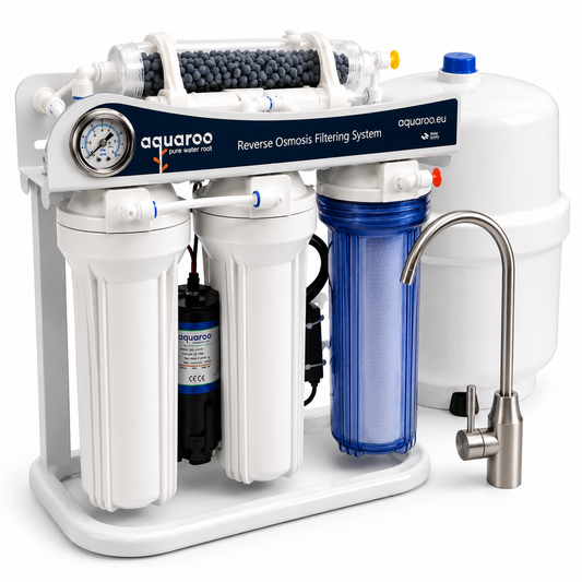 Osmoză inversă cu 6 trepte ARO2-6A/PUMP/75-6S-AZ, pompă Booster, filtru alcalin PH+, manometru, cadru metalic și rezervor