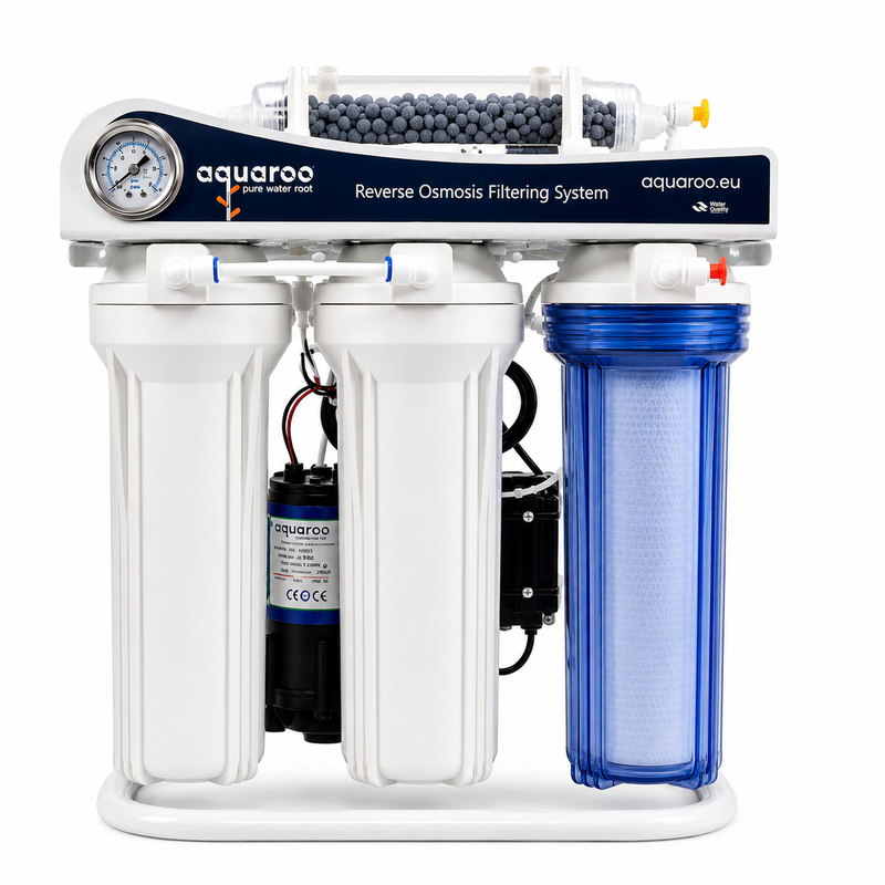 Osmoză inversă cu 6 trepte ARO2-6A/PUMP/75-6S-AZ, pompă Booster, filtru alcalin PH+, manometru, cadru metalic și rezervor
