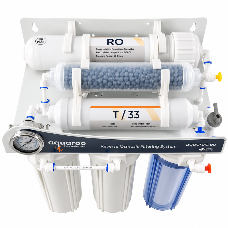 Osmoză inversă cu 6 trepte ARO2-6A/PUMP/75-6S-AZ, pompă Booster, filtru alcalin PH+, manometru, cadru metalic și rezervor