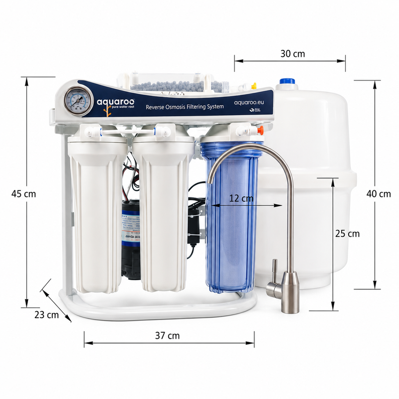 Osmoză inversă cu 6 trepte ARO2-6A/PUMP/75-6S-AZ, pompă Booster, filtru alcalin PH+, manometru, cadru metalic și rezervor