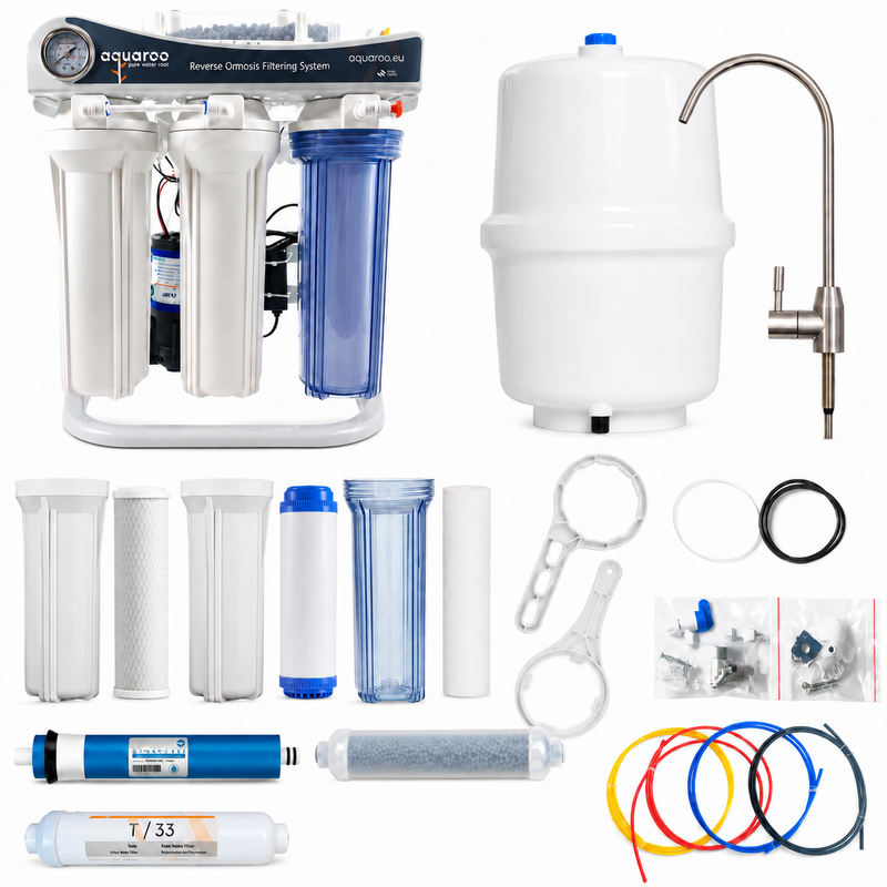 Osmoză inversă cu 6 trepte ARO2-6A/PUMP/75-6S-AZ, pompă Booster, filtru alcalin PH+, manometru, cadru metalic și rezervor