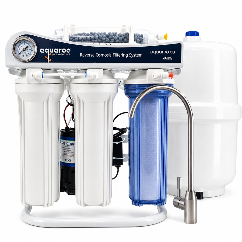 Osmoză inversă cu 6 trepte ARO2-6A/PUMP/75-6S-AZ, pompă Booster, filtru alcalin PH+, manometru, cadru metalic și rezervor