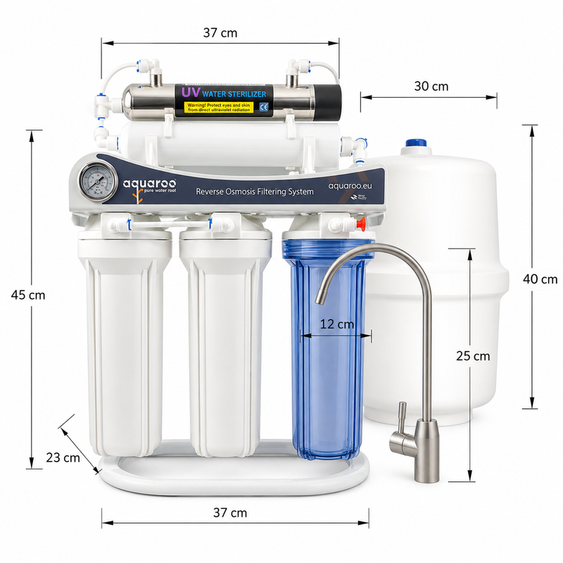 Dimensiunile sistemului ARO2-7A cu UV, rezervor și robinet