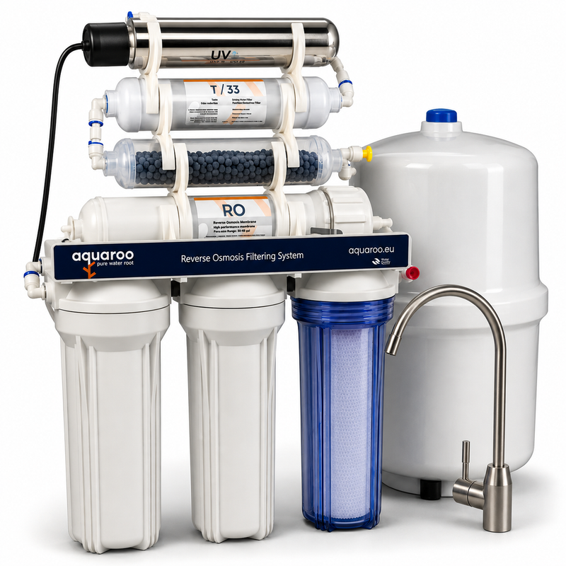 Osmoză inversă cu 7 trepte ARO1-6A/U/75-7SAZ-UV, filtru alcalin PH+, UV și rezervor