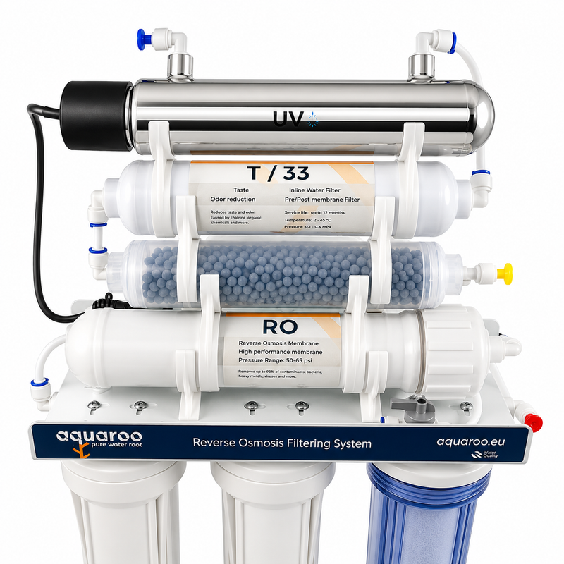Osmoză inversă cu 7 trepte ARO1-6A/U/75-7SAZ-UV, filtru alcalin PH+, UV și rezervor