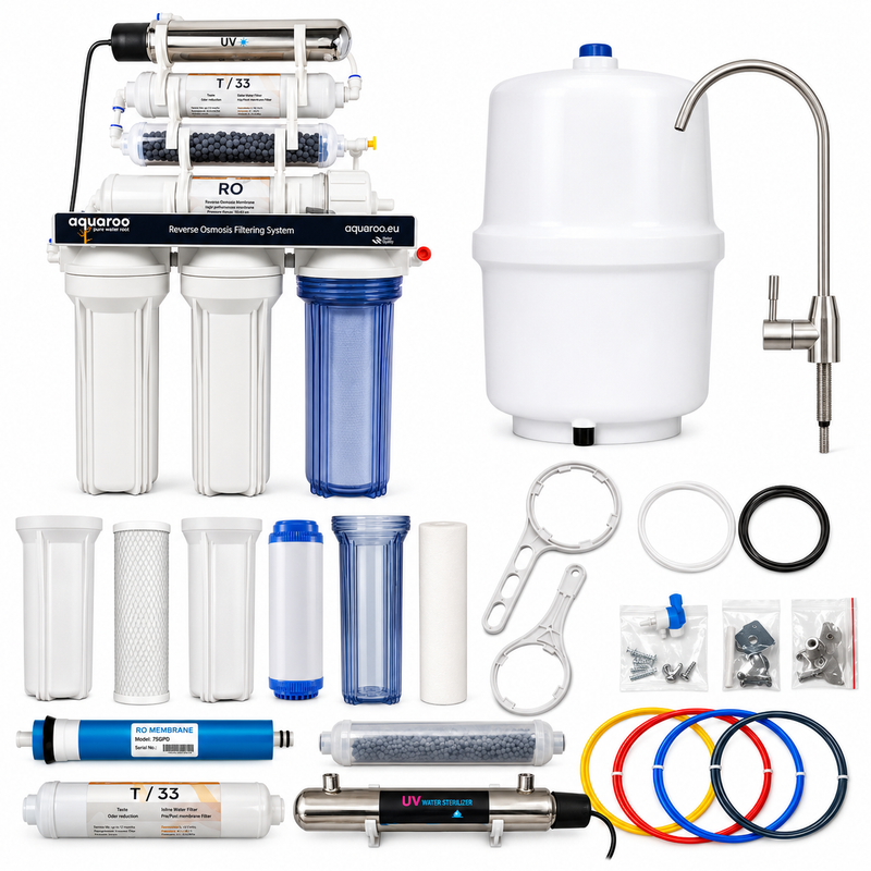 Osmoză inversă cu 7 trepte ARO1-6A/U/75-7SAZ-UV, filtru alcalin PH+, UV și rezervor