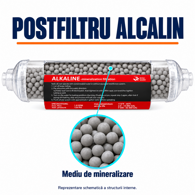 Set 2 cartușe inline AQUAROO, postcarbon activ și mineralizator cu alcalinizare