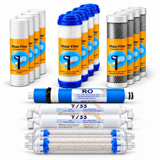 Set 17 cartușe AQUAROO pentru osmoză inversă, 90 GPD, deionizare, pentru 2 ani de utilizare