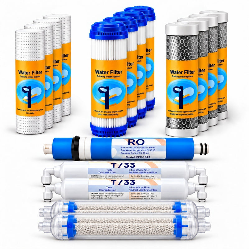 Set 17 cartușe AQUAROO pentru osmoză inversă, 75 GPD, deionizare, pentru 2 ani de utilizare