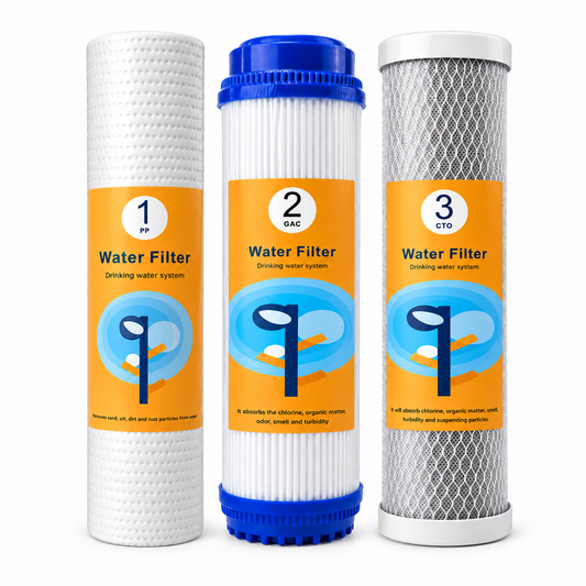 Set 3 cartușe filtrante pentru prefiltrarea apei, PP sedimente 5 microni, GAC carbon activ și CTO bloc de carbon 5 microni, pentru osmoză inversă, microfiltrare și ultrafiltrare