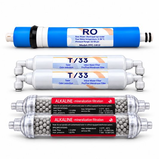 Set 5 cartușe AQUAROO, membrană RO 50 GPD, postcarbon și mineralizator cu alcalinizare, treptele 4-6, pentru 2 ani de utilizare
