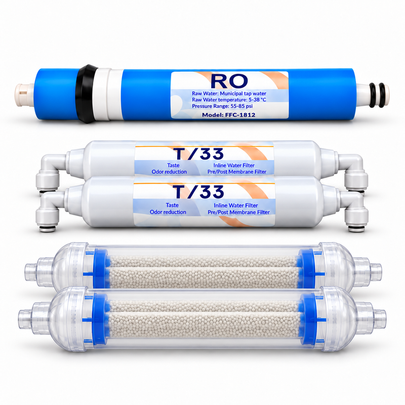 Set 5 cartușe AQUAROO, membrană RO 50 GPD, postcarbon și deionizare, treptele 4-6, pentru 2 ani de utilizare