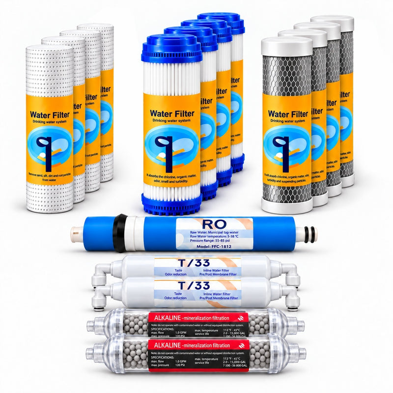 Set 17 cartușe AQUAROO pentru osmoză inversă, 75 GPD, mineralizare și alcalinizare, pentru 2 ani de utilizare