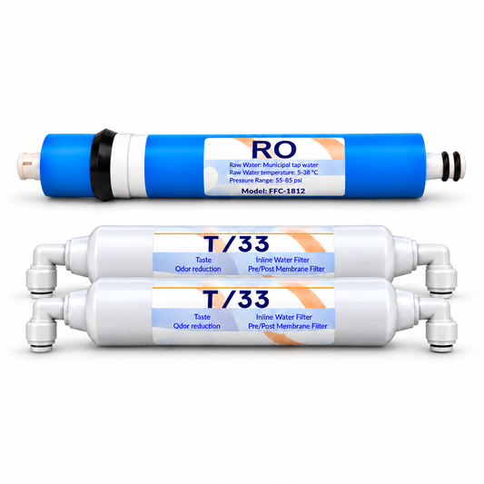 Set 3 consumabile AQUAROO: membrană RO 50 GPD și 2 cartușe postcarbon activ, pentru 2 ani de utilizare